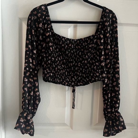 Altar’d State Black Floral Smocked Crop Top w/ Cinch Tie Front - Picture 2 of 3